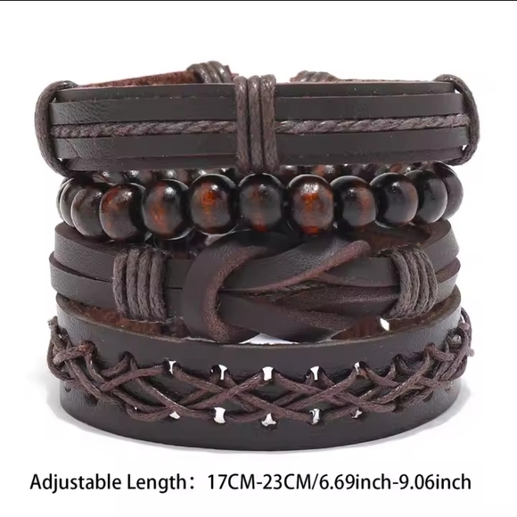 Brown Leather Bracelet Set Braided Beaded New f23 - Picture 3 of 3